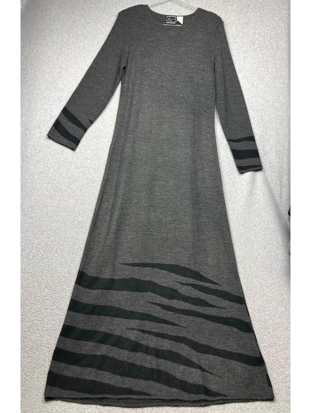Vintage Lennie Nina Leonard Knit Sweater Maxi Dress S Tiger Stripe Gray Black